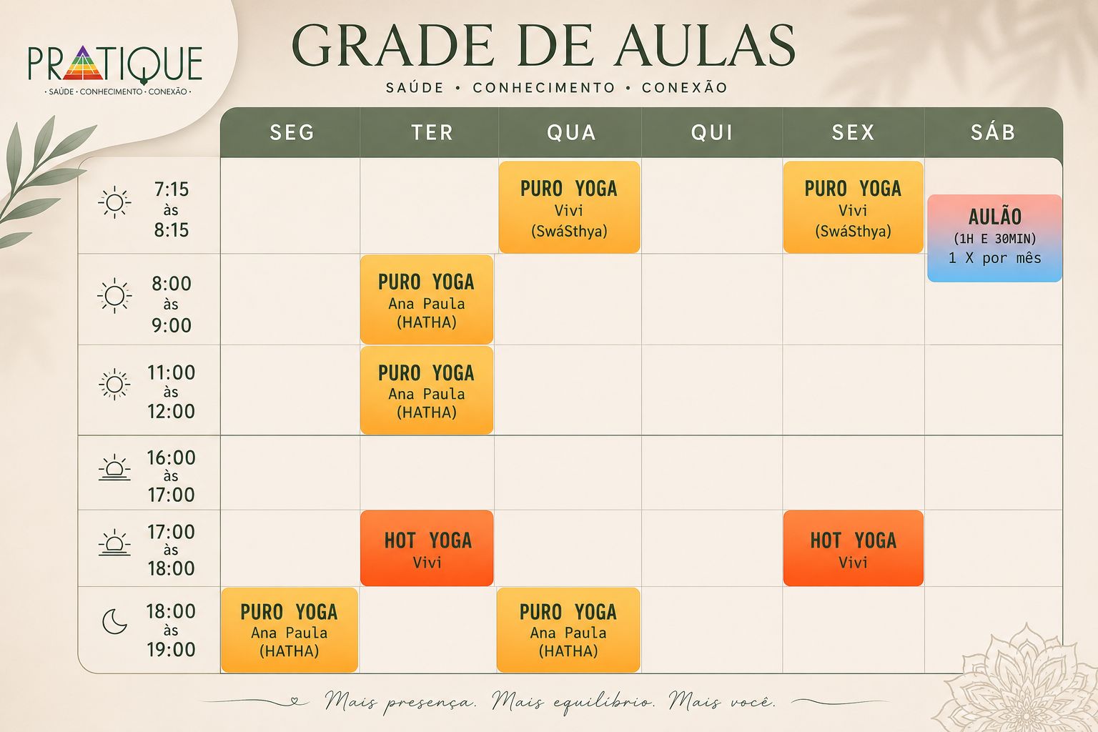 Grade de aulas de Yoga e Hot Yoga da Pratique